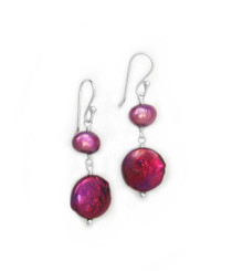 Sterling Silver Cultured Pearl Link Coin Pearl Drop Earrings, Fuschia
