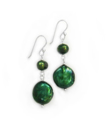 Sterling Silver Cultured Pearl Link Coin Pearl Drop Earrings, Green