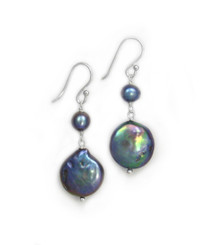 Sterling Silver Cultured Pearl Link Coin Pearl Drop Earrings, Peacock