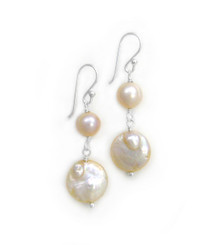 Sterling Silver Cultured Pearl Link Coin Pearl Drop Earrings, Pink