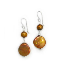 Sterling Silver Cultured Pearl Link Coin Pearl Drop Earrings, Golden