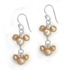 Sterling Silver Pearl Cluster Two Tier Drop Earrings, Pink