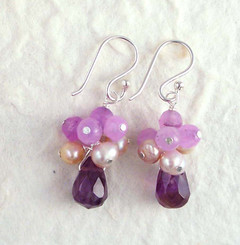 Sterling Silver Stone Cluster and Teardrop Petals Earrings, Amethyst