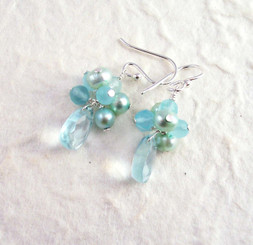 Sterling Silver Stone Cluster and Teardrop Petals Earrings, Aqua