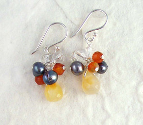 Sterling Silver Stone Cluster and Teardrop Petals Earrings, Carnelian