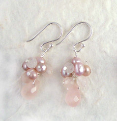 Sterling Silver Stone Cluster and Teardrop Petals Earrings, Pink
