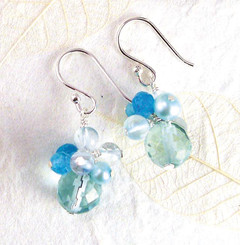Sterling Silver Stone and Pearl Cluster Round Stone Drop Earrings, Aqua