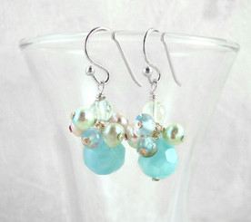 Sterling Silver Stone and Pearl Cluster Round Stone Drop Earrings, Ocean Blue