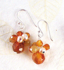 Sterling Silver Stone and Pearl Cluster Round Stone Drop Earrings, Carnelian