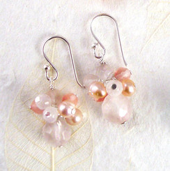 Sterling Silver Stone and Pearl Cluster Round Stone Drop Earrings, Rose Quartz