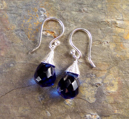 Sterling Silver Single Teardrop Coil-wrapped drop earrings, Midnight Blue