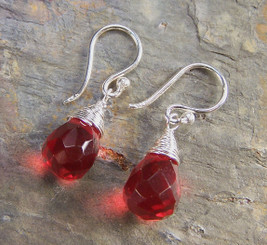 Sterling Silver Single Teardrop Coil-wrapped drop earrings, Red