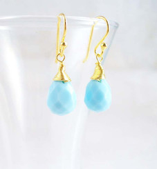 Gold Vermeil Sterling Silver Single Teardrop Coil-wrapped drop earrings, Sky Blue