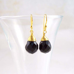 Gold Vermeil Sterling Silver Single Teardrop Coil-wrapped drop earrings, Black