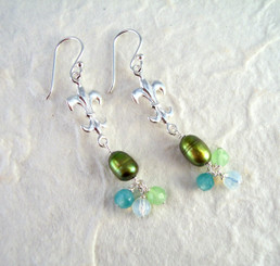 Sterling Silver Fleur de Lis Pearl & Crystal Cluster Drop Earrings