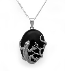 Sterling Silver Iguana Lizard Onyx Pendant Necklace