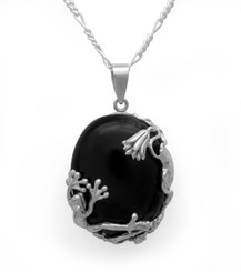 Sterling Silver Frog Amphibian Lily Onyx Pendant Necklace