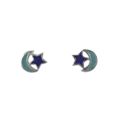 Sterling Silver Enamel Moon and Star Stud Post Earrings