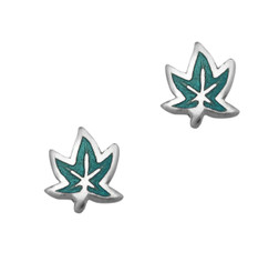 Sterling Silver Enamel Maple Leaf Stud Post Earrings, Aqua
