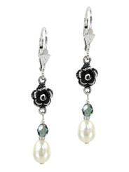 Sterling Silver Rose Cultured Pearl Crystal Drop Earrings, Blue