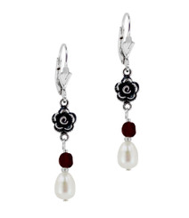 Sterling Silver Rose Cultured Pearl Crystal Drop Earrings, Red