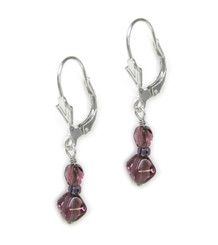 Sterling Silver Czech Crystals Drop on Leverback Hook Earrings, Purple