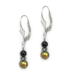Sterling Silver Jora Stone and Cultured Pearl Drop Earrings, Onyx and Gold