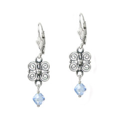 Sterling Silver Scroll Flower and Crystal Leverback Drop Earrings, Aqua