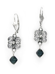 Sterling Silver Scroll Flower and Crystal Leverback Drop Earrings, Blue