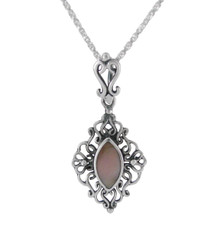 Sterling Silver Filigree Marquise Stone Pendant Necklace, Pink Shell