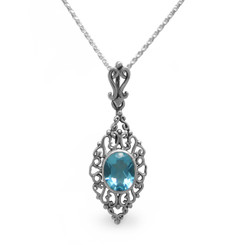Sterling Silver Filigree Oval Stone Ella Pendant Necklace, Aqua
