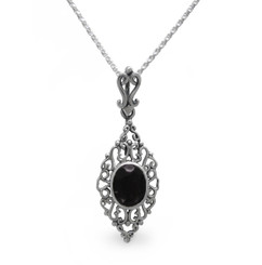 Sterling Silver Filigree Oval Stone Ella Pendant Necklace, Black