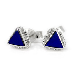 Sterling Silver Triangle Stone Inlay Rope Design Stud Post Earrings, Lapis Lazuli
