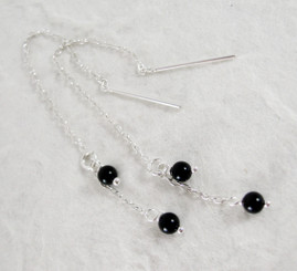 Sterling Silver Round Stone on Chain Ear Thread, Onyx