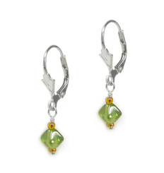 Sterling Silver Dainty Colorful Crystal Drop Leverback Earrings, Green