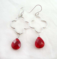 Sterling Silver Clover Charm Teardrop Stone Drop Earrings, Red