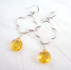 Sterling Silver Clover Charm Teardrop Stone Drop Earrings, Yellow