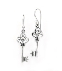 Sterling Silver Ornate Antique Style Key Charm Earrings