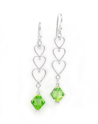 Sterling Silver Three Hearts Crystals Earrings, Spring Green