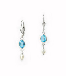 Sterling Silver Oval Crystal and Cultured Pearl Leverback Drop Earrings, Aqua