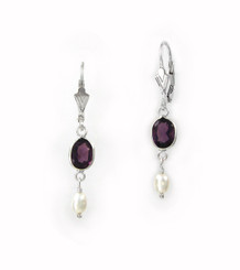Sterling Silver Oval Crystal and Cultured Pearl Leverback Drop Earrings, Purple