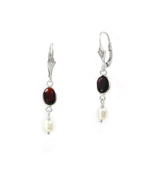 Sterling Silver Oval Crystal and Cultured Pearl Leverback Drop Earrings, Red