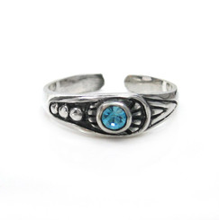 Sterling Silver Crystal Center Ornate Tapered Band Adjustable Toe Ring, Aqua