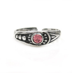 Sterling Silver Crystal Center Ornate Tapered Band Adjustable Toe Ring, Pink