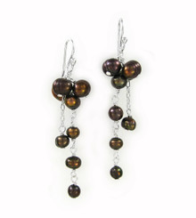 Sterling Silver Cultured Pearl Cluster Link Drop Earrings, Brown