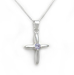 Sterling Silver Solitaire Crystal Cross Pendant Necklace, June Lavender