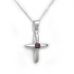 Sterling Silver Solitaire Crystal Cross Pendant Necklace, February Purple