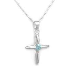 Sterling Silver Solitaire Crystal Cross Pendant Necklace, March Aqua Blue