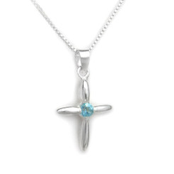 Sterling Silver Solitaire Crystal Cross Pendant Necklace, December Blue