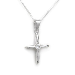 Sterling Silver Solitaire Crystal Cross Pendant Necklace, April Clear